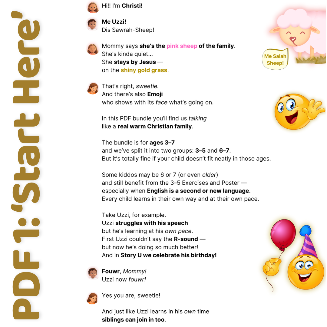 Christian Kiddo ABCs Bundle – PDF 1: Start Here introduction page with Christi, Uzzi, Sarah the Sheep, and playful emojis for ages 3–7