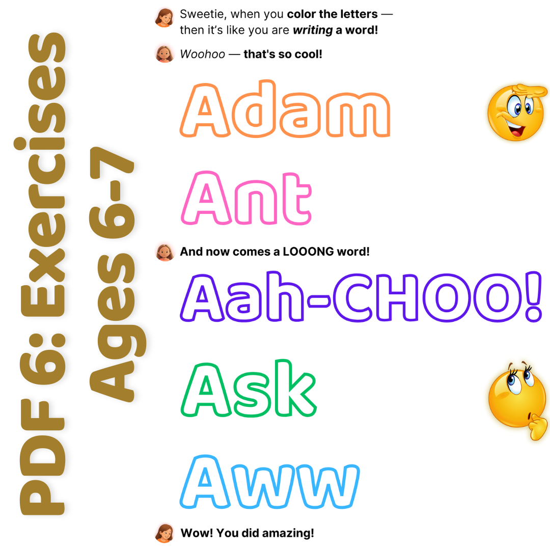 Christian Kiddo ABCs Bundle – PDF 6 Exercises for ages 6–7 with A words like Adam, Ant, Aah-choo, Ask, and Aww for reading practice.