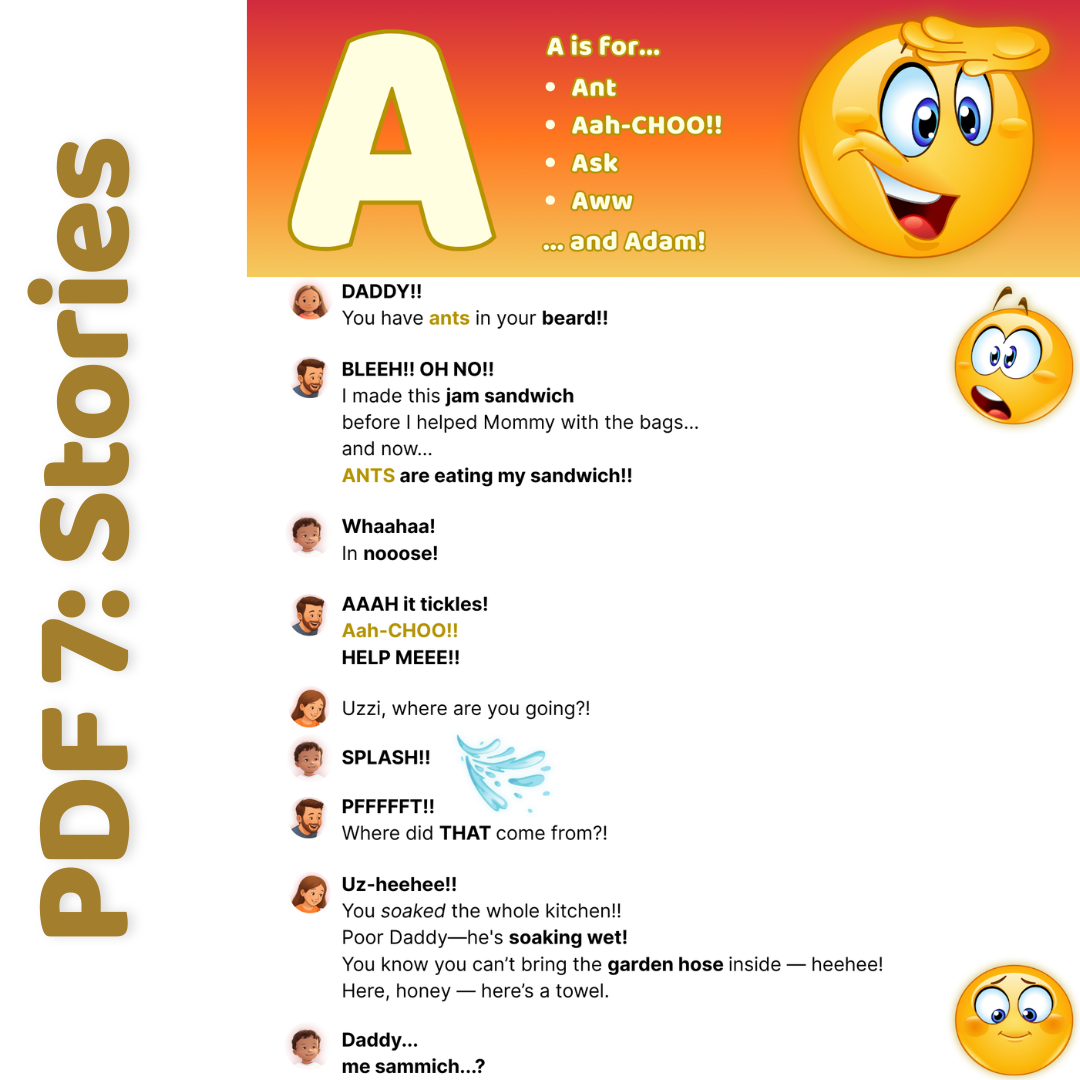 Christian Kiddo ABCs Bundle – PDF 7 Stories with the letter A, including Ant, Aah-choo, Ask, Aww, and Adam, for ages 3–7.