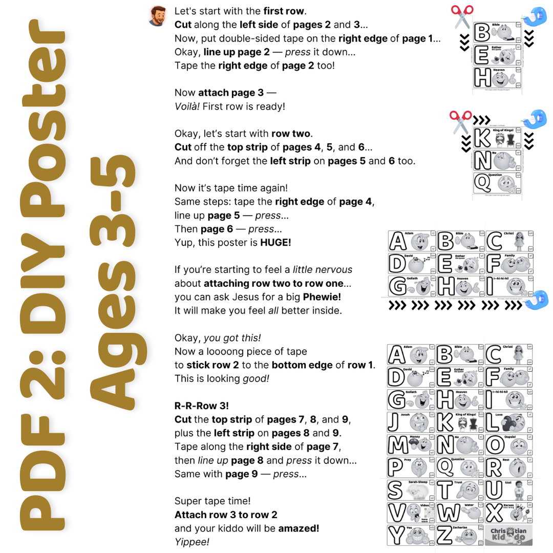 Christian Kiddo ABCs Bundle – PDF 2 DIY Poster instructions for ages 3–5, showing how to assemble the alphabet poster with letters A–Z