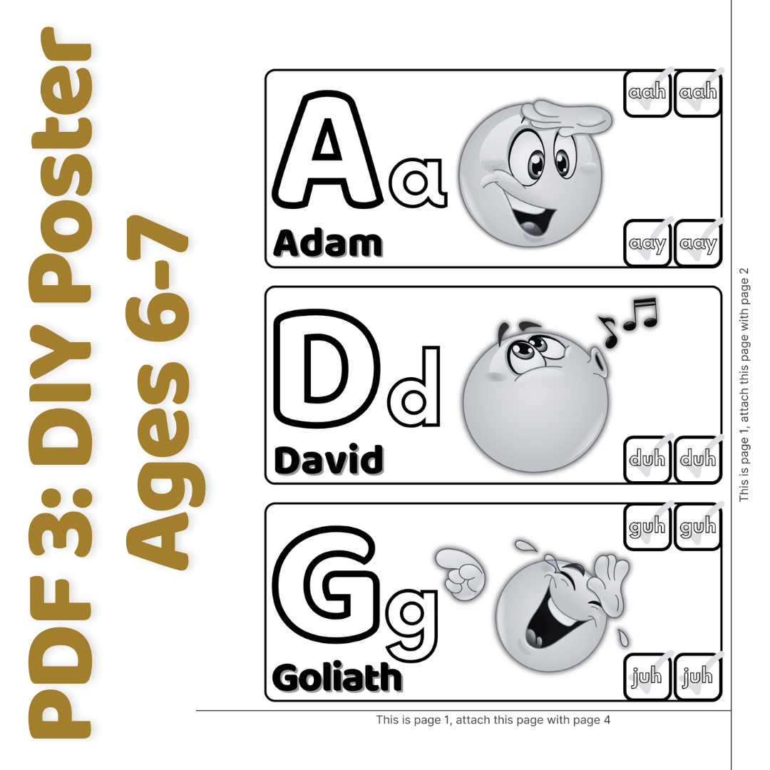 Christian Kiddo ABCs Bundle – PDF 3 DIY Poster for ages 6–7 with illustrated alphabet cards for letters A, D, and G.