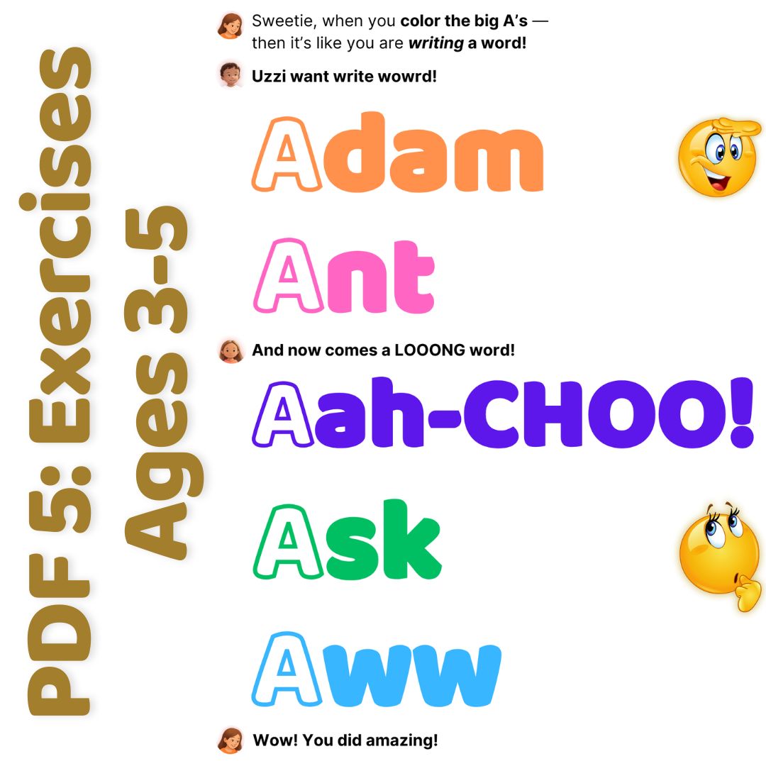 Christian Kiddo ABCs Bundle – PDF 5 Exercises for ages 3–5 with colorful A words like Adam, Ant, Aah-choo, Ask, and Aww