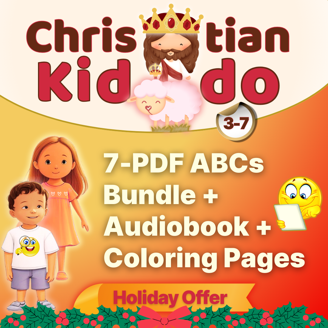 “Christian Kiddo 7-PDF ABCs Bundle cover for ages 3–7, showing Christi, Uzzi, and Sarah-Sheep with text promoting bundle, audiobook, and coloring pages.”