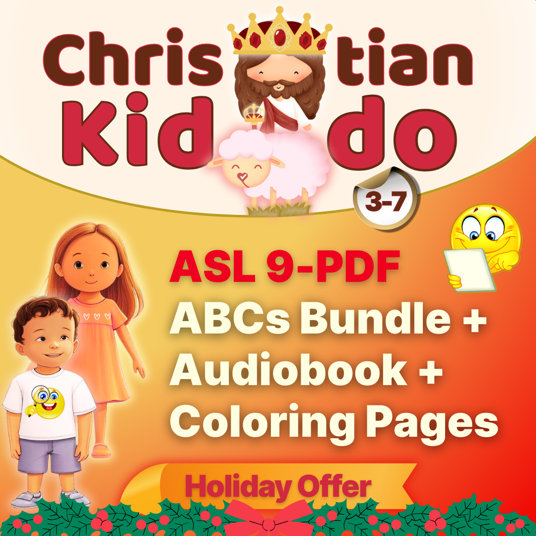 “Christian Kiddo ASL 9-PDF ABCs Bundle cover for ages 3–7, featuring Christi, Uzzi, and Sarah-Sheep, with text promoting bundle, audiobook, and coloring pages.”
