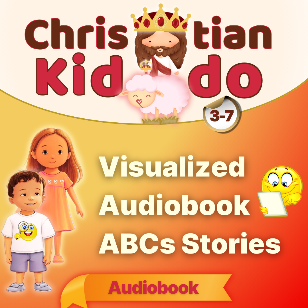 Cover image of the Christian Kiddo ABCs Visualized Audiobook for children ages 3–7, showing Christi, Uzzi and Sarah-Sheep in a bright, friendly design.