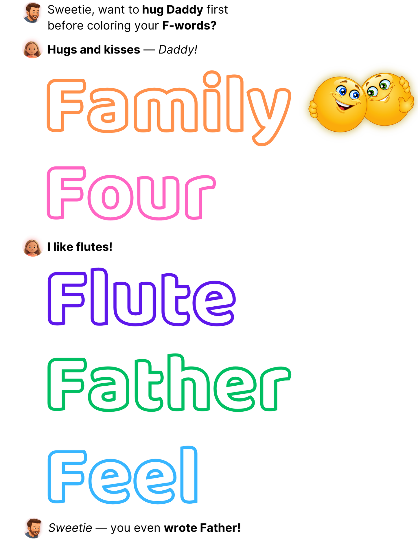 Letter F word examples including Family, Four, Flute, Father, and Feel in bright child-friendly lettering from the Christian Kiddo alphabet exercises.