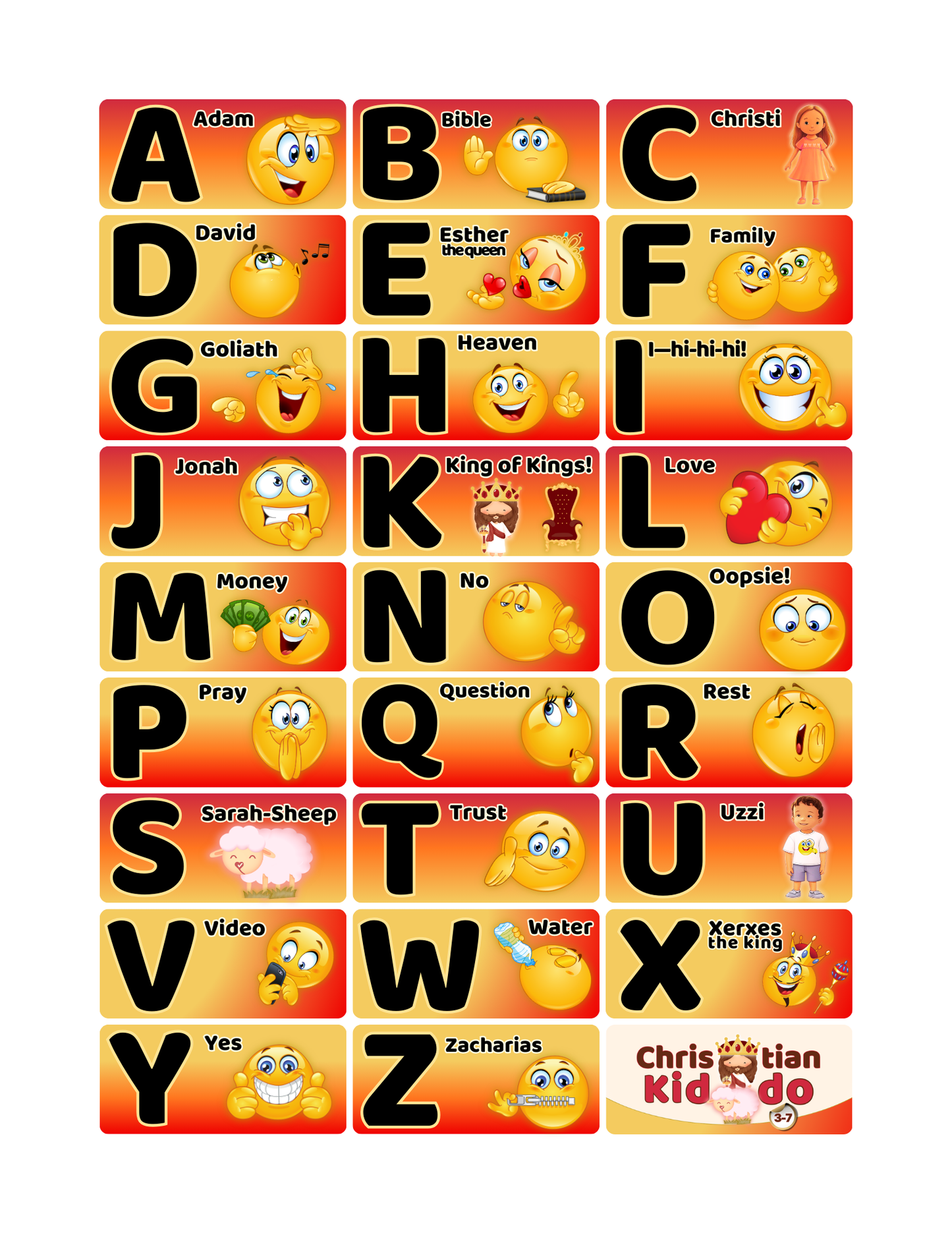 Full-color uppercase A–Z alphabet names poster for ages 3–5 with illustrated keywords from the Christian Kiddo ABC bundle.
