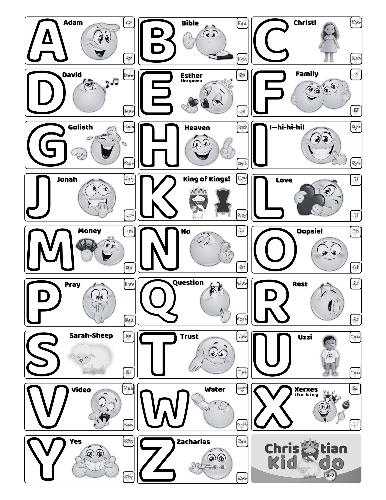Uppercase A–Z alphabet names poster for ages 3–5 in grayscale from the Christian Kiddo ABC bundle.