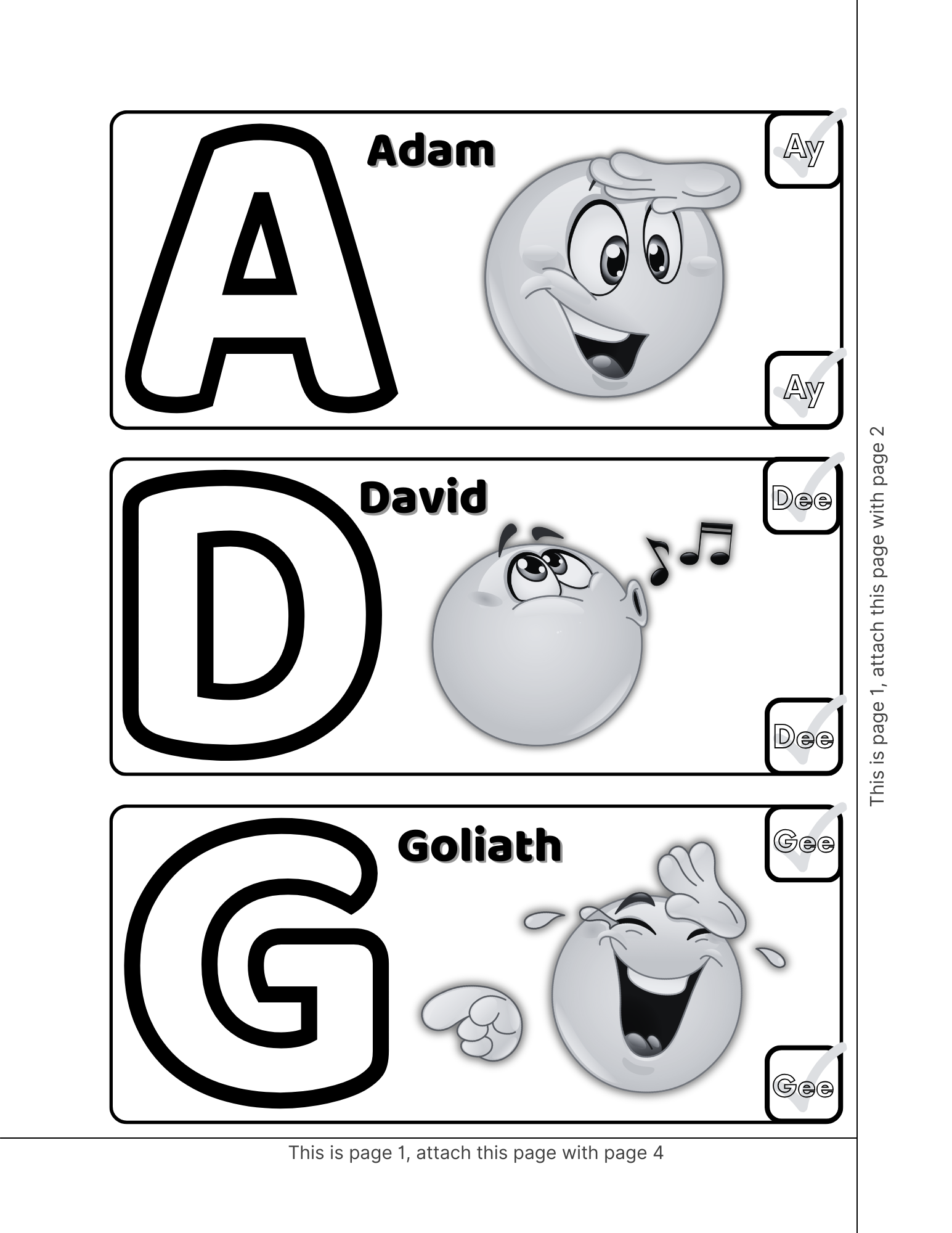 Printable page section of the uppercase alphabet names poster for ages 3–5 in grayscale from the Christian Kiddo ABC bundle.