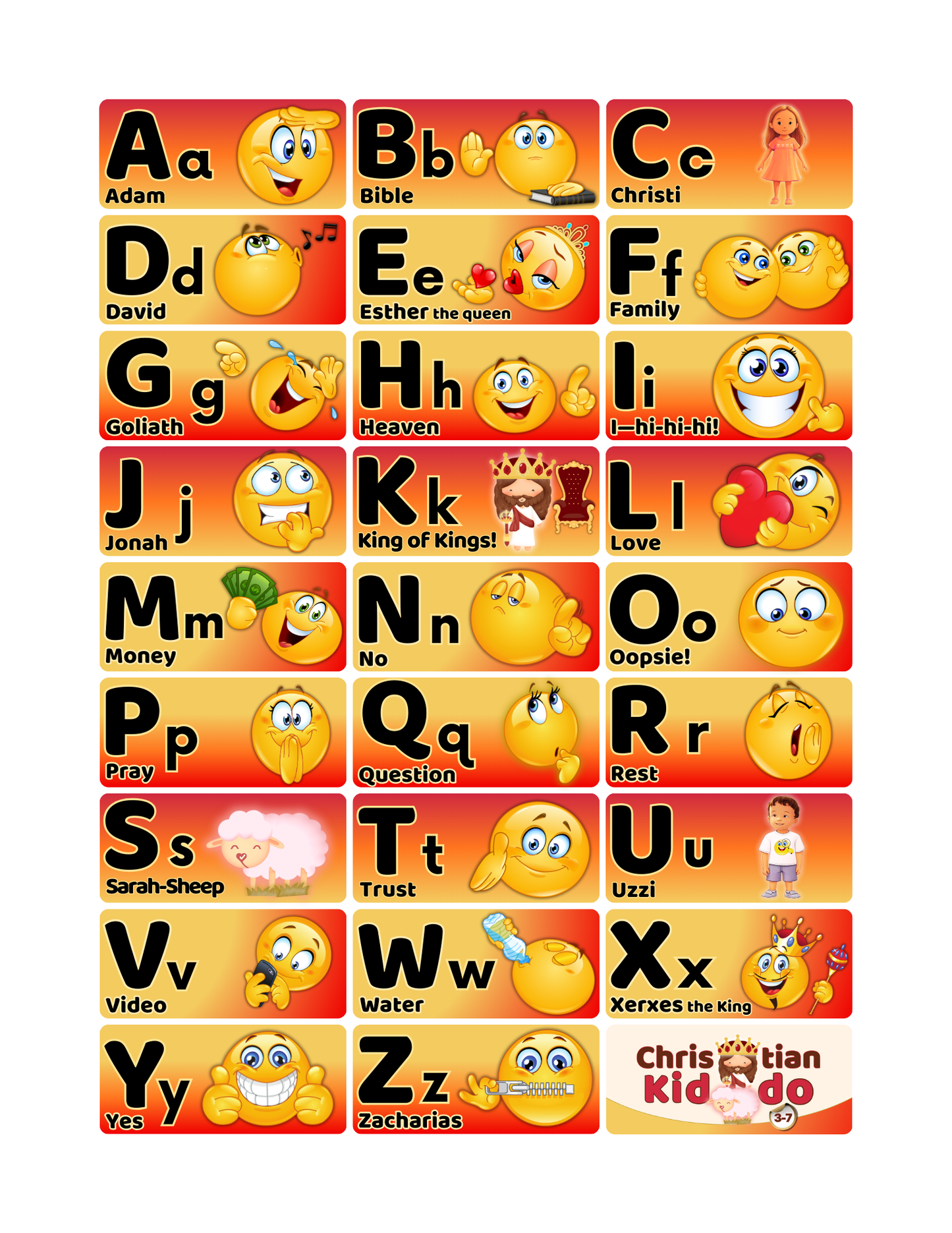 Full-color uppercase and lowercase alphabet sounds poster for ages 6–7 from the Christian Kiddo ABC bundle.
