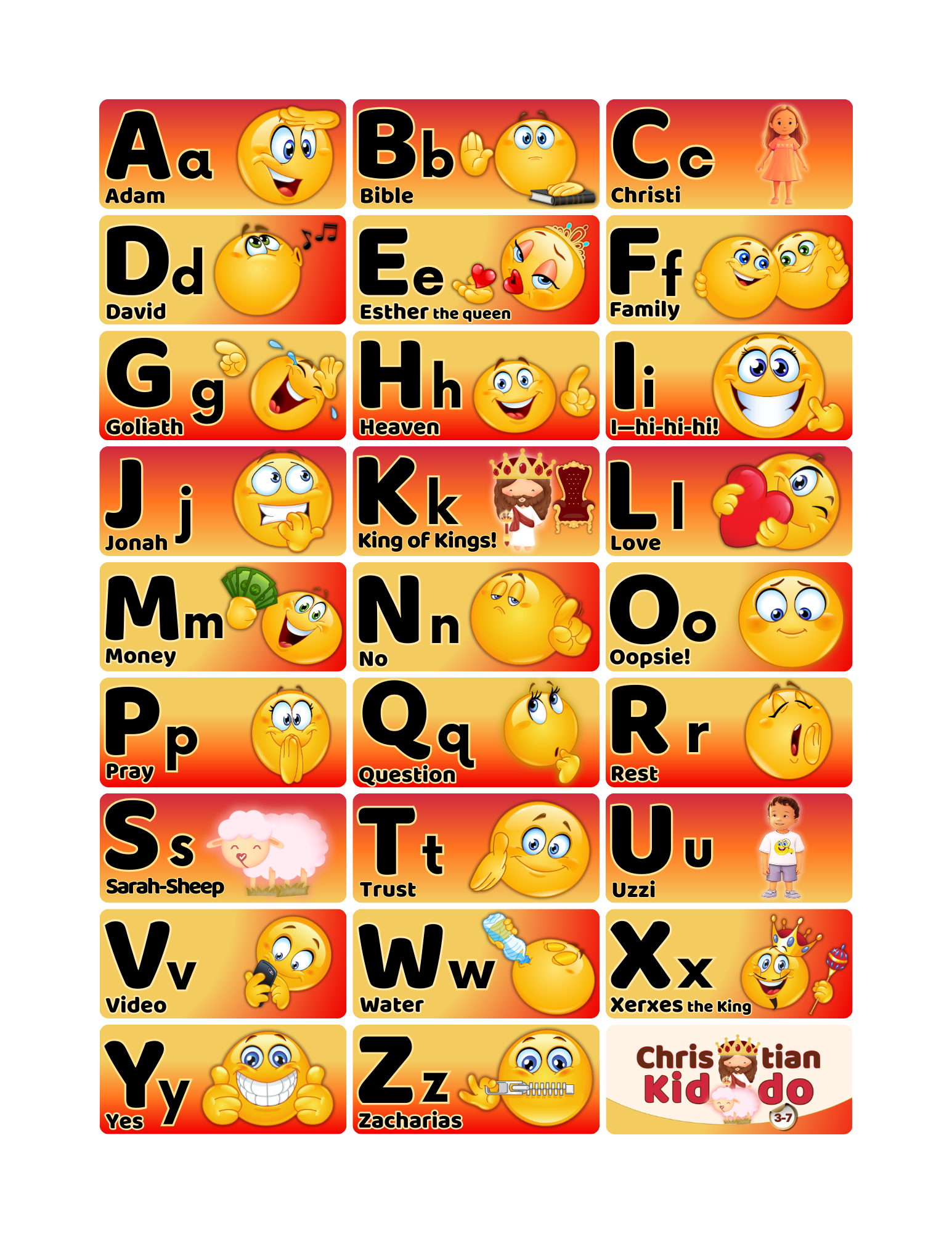 Full-color uppercase and lowercase alphabet sounds poster for ages 6–7 from the Christian Kiddo ABC bundle.
