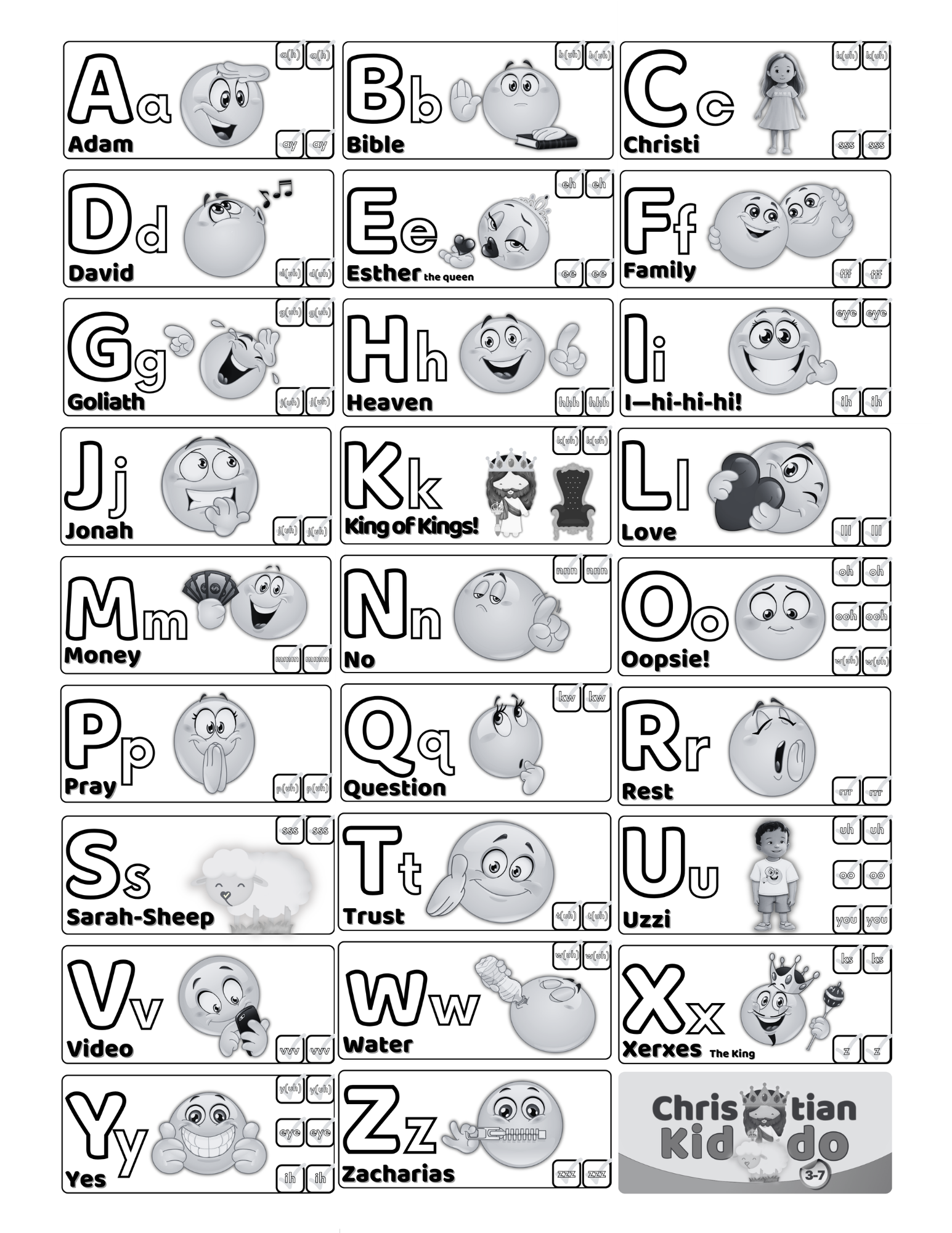 Uppercase and lowercase A–Z alphabet sounds poster for ages 6–7 in grayscale from the Christian Kiddo ABC bundle.
