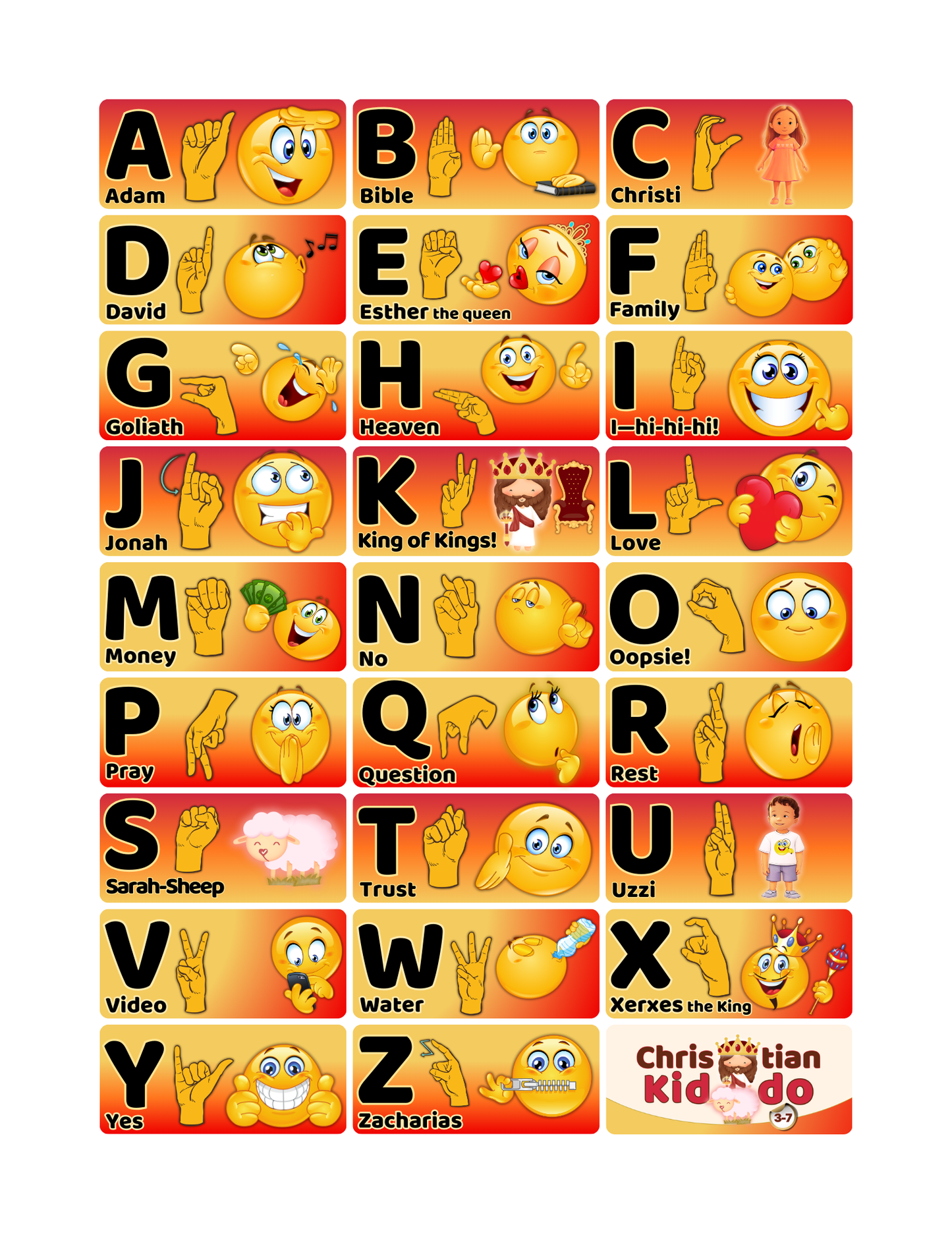 Full-color ASL alphabet poster with American Sign Language hand signs A–Z from the Christian Kiddo ABC bundle.
