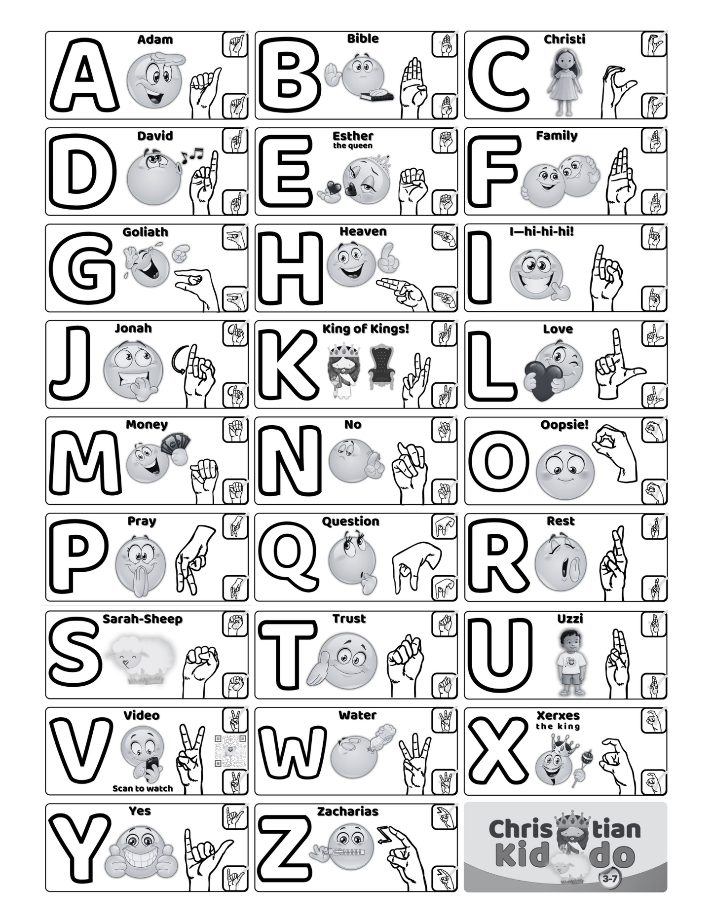 ASL alphabet poster with American Sign Language hand signs A–Z in grayscale from the Christian Kiddo ABC bundle.
