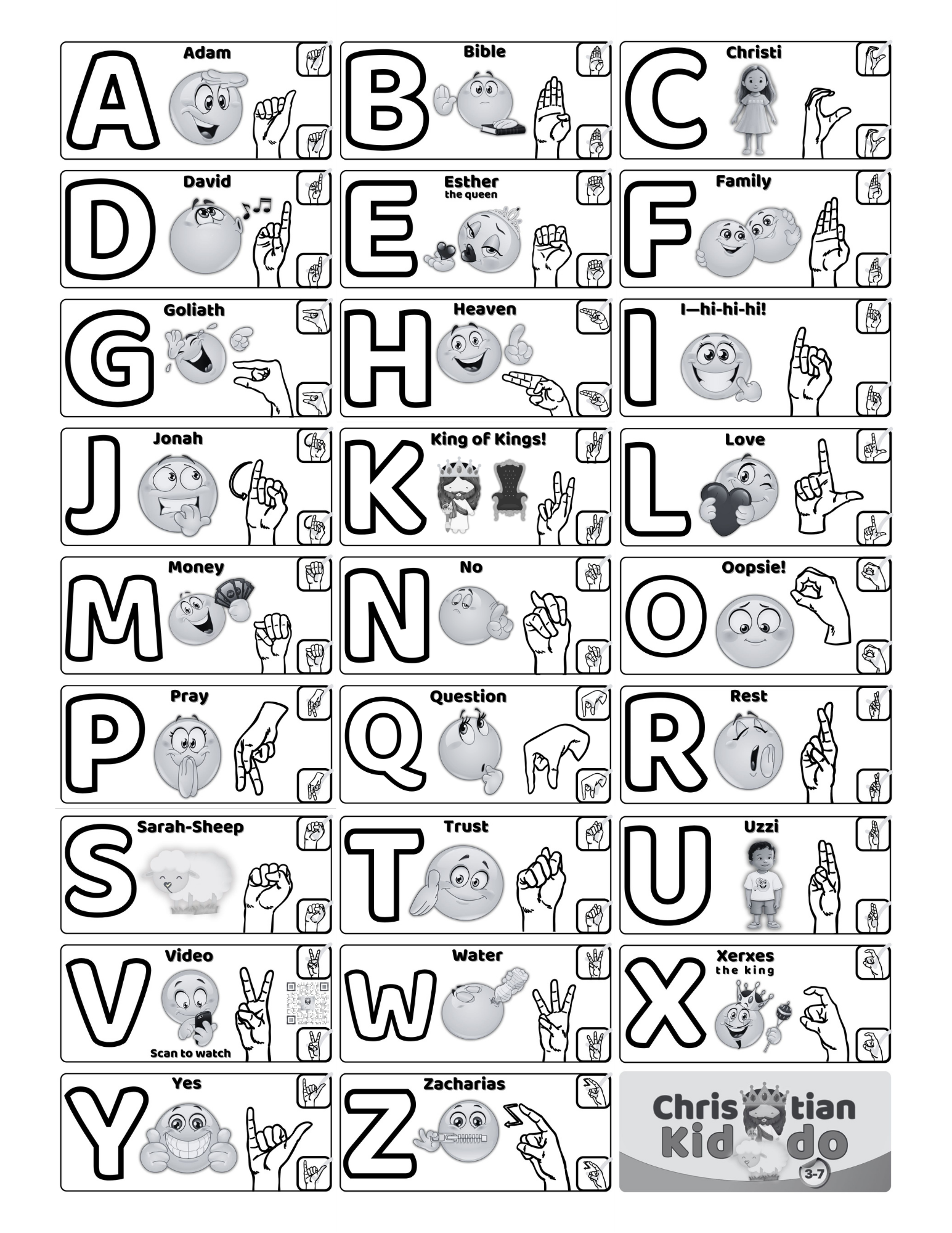 ASL alphabet poster with American Sign Language hand signs A–Z in grayscale from the Christian Kiddo ABC bundle.
