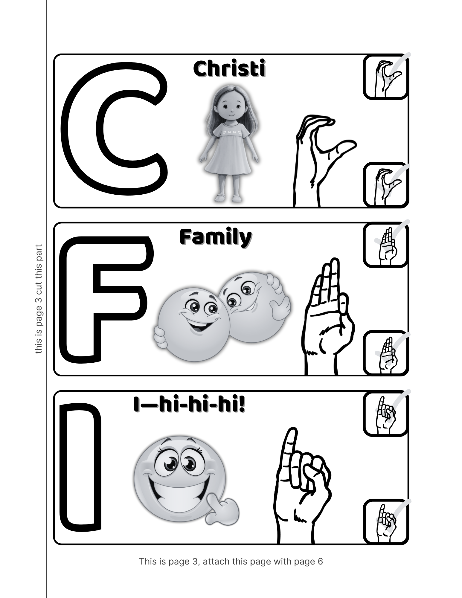 Printable page section of the ASL alphabet poster with hand signs A–Z in grayscale from the Christian Kiddo ABC bundle.
