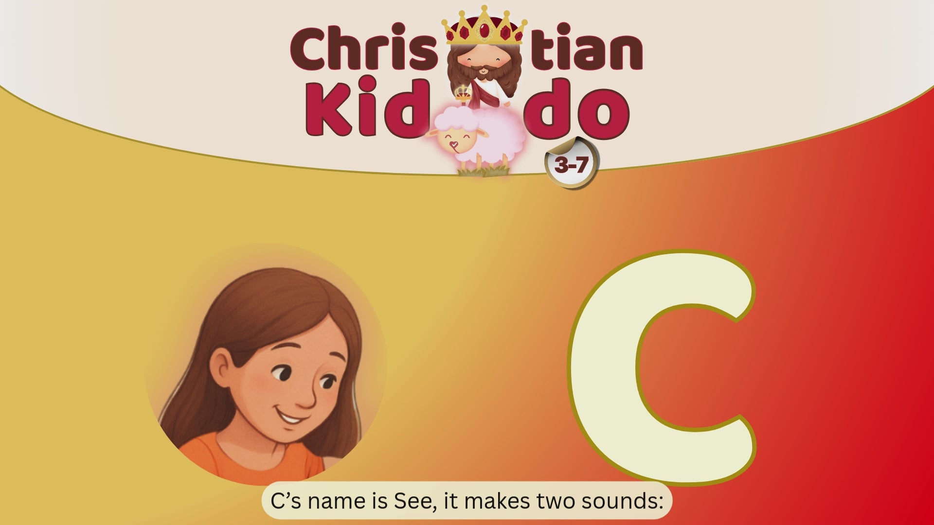 Short instructional video introducing the letter C name and sound for early alphabet learning, with subtitles.
