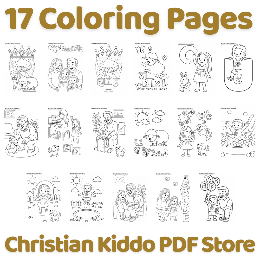 Poster for 17 joyful coloring pages featuring Jesus, Sarah-Sheep and the Phewie-Power family, shown as a grid of thumbnail sketches with the title ‘17 Coloring Pages’ and Christian Kiddo PDF Store branding.