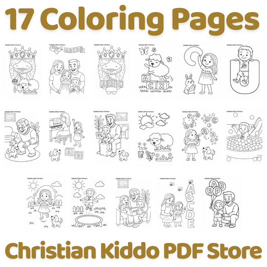 Poster for 17 joyful coloring pages featuring Jesus, Sarah-Sheep and the Phewie-Power family, shown as a grid of thumbnail sketches with the title ‘17 Coloring Pages’ and Christian Kiddo PDF Store branding.